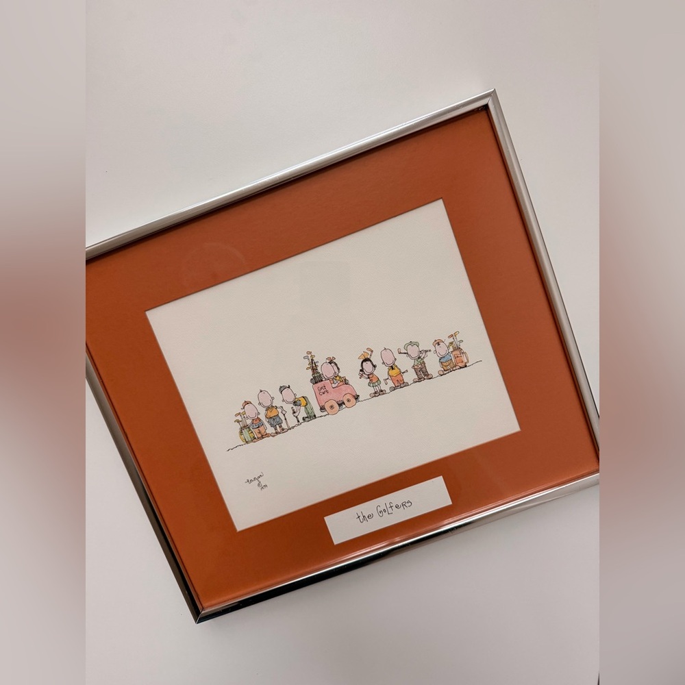 Vintage 1974 Bill Eagan The Golfers Signed Drawing Framed Art Mid Century Gift